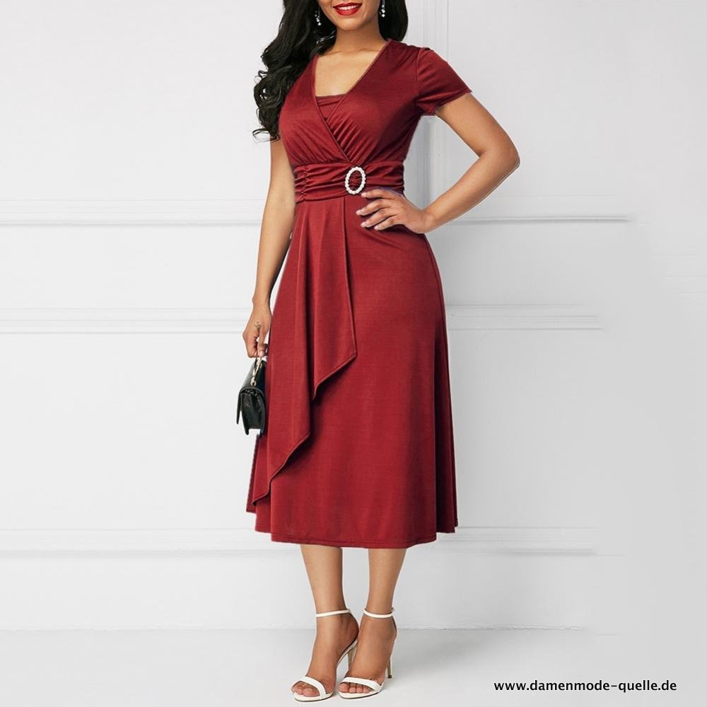 Elegantes Damen Kurzarm Asymmetrische Midi Party Kleid Rot