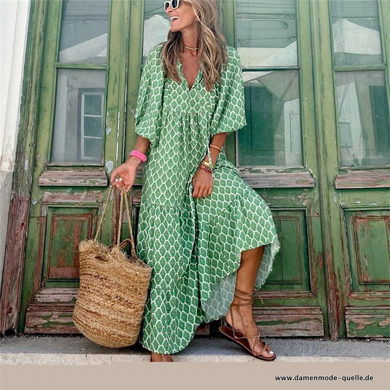 Grünes Kleid Sommer Boho Strandkleid V-Ausschnitt Kleid