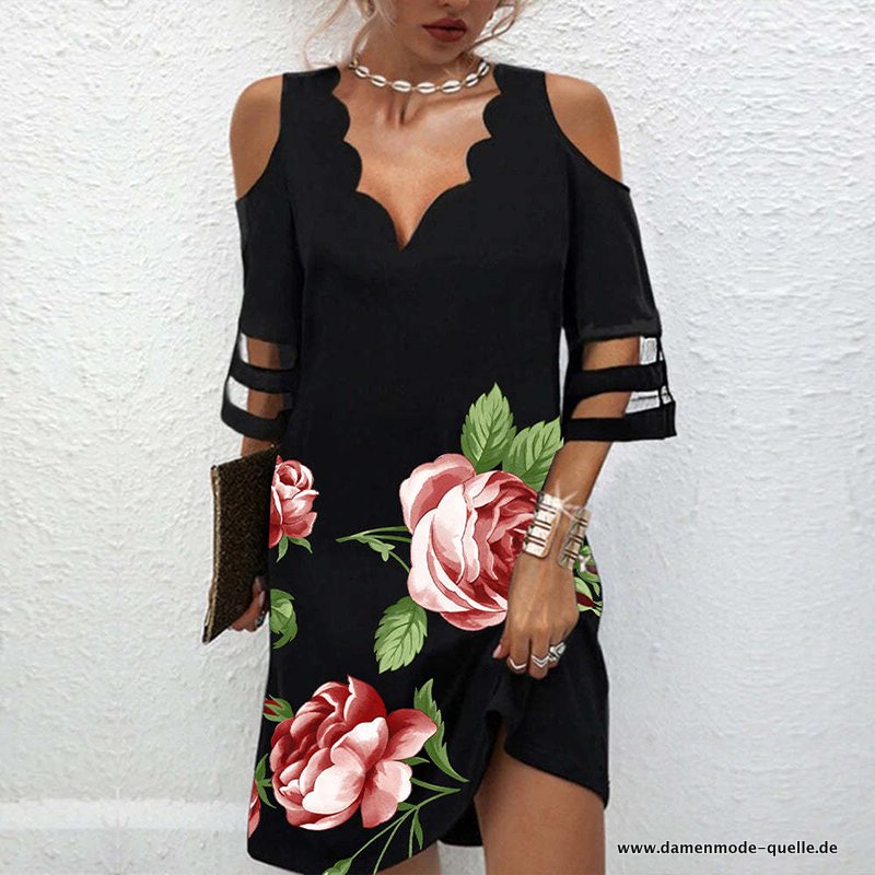 Sommer Damen Kurzes V-Ausschnitt Kurzarm  Strand Kleid Blackroses