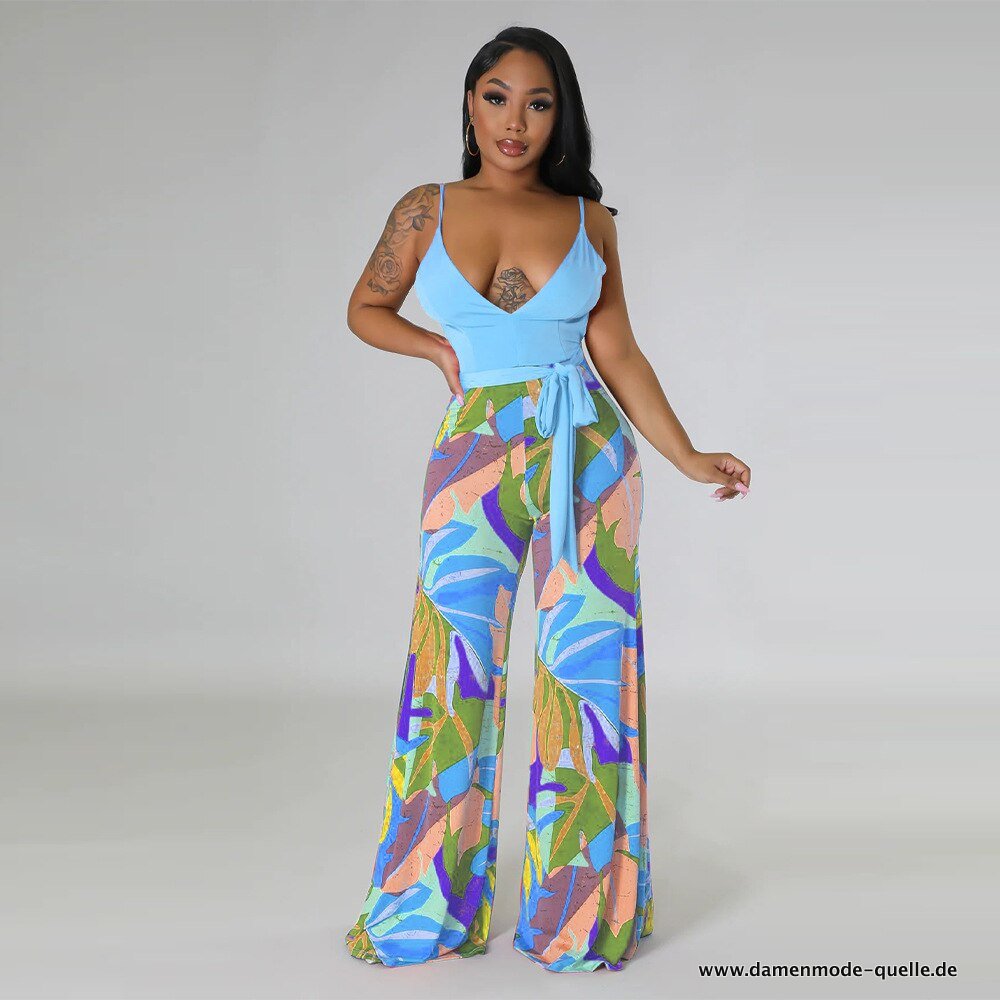 Strand Jumpsuit Hellblau V-Ausschnitt Sommer 