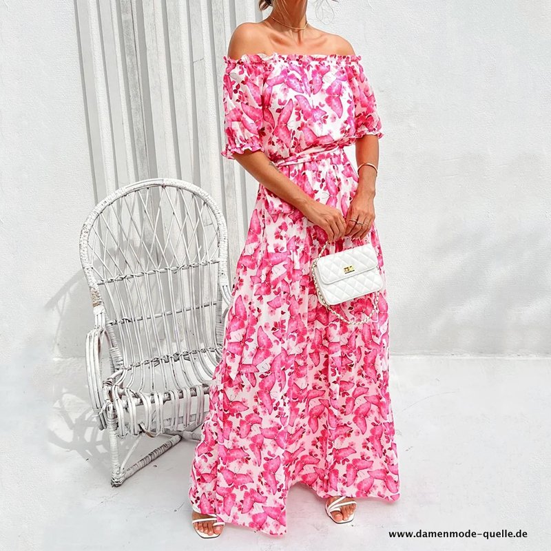 Damen Maxikleid Sommer elegante trägerlose Puffärmel Schmetterling bedruckt Pink