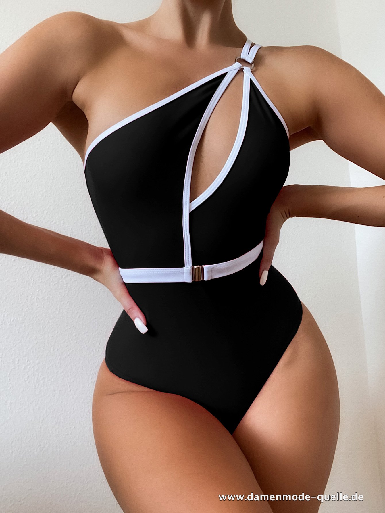 Damen sexy einteiliger Badeanzug Monokini mit festen Gürtel Schwarz