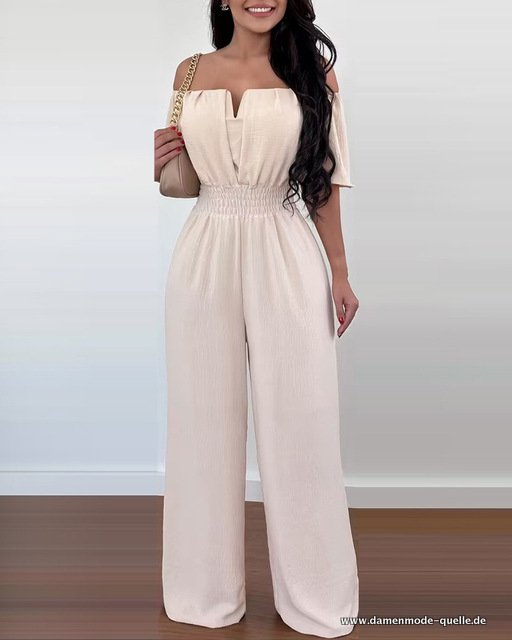 Jumpsuit Sommer Schulterfrei Kurzarm Beige