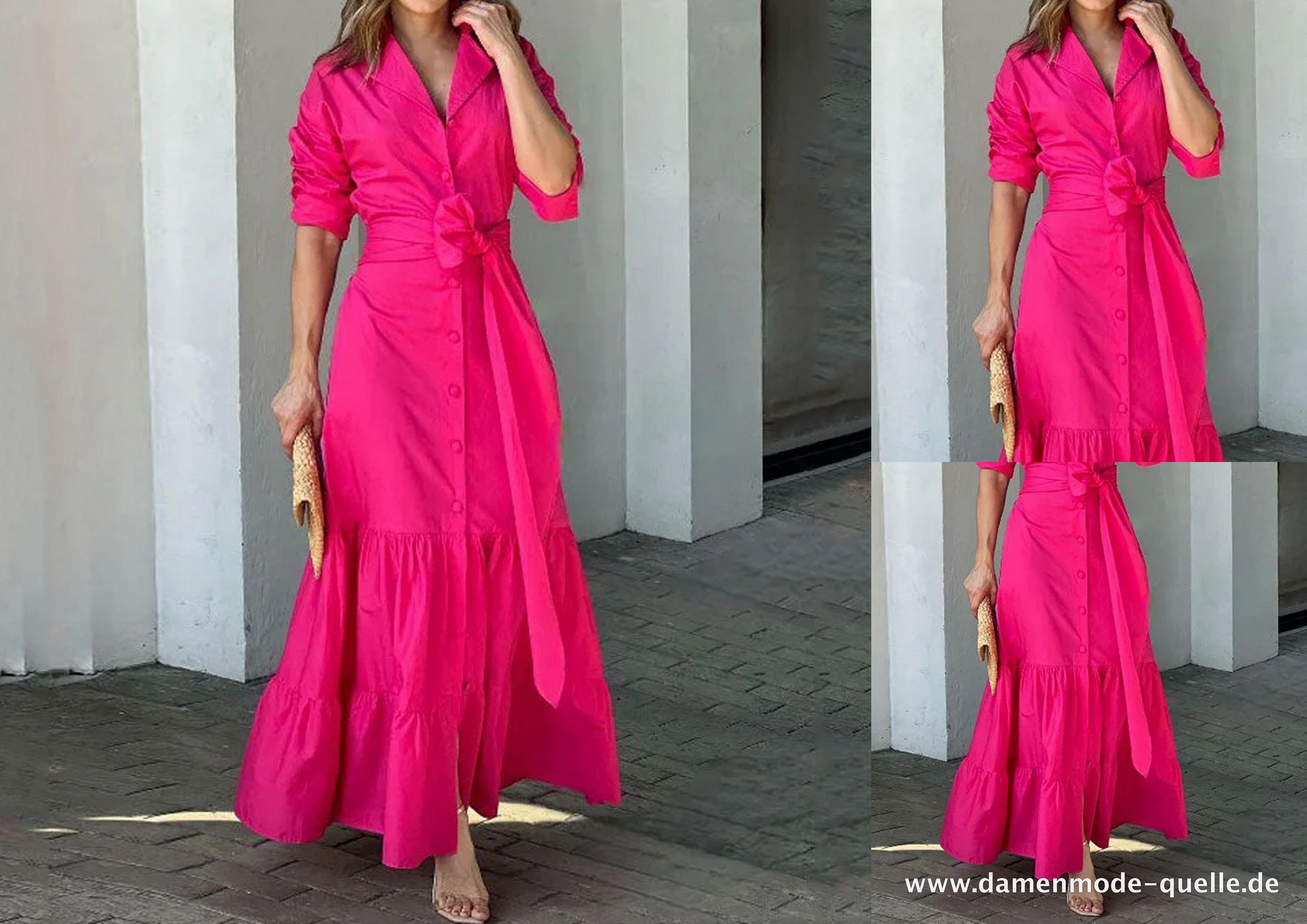 Damen Elegantes Langarm Sommerkleid in Pink