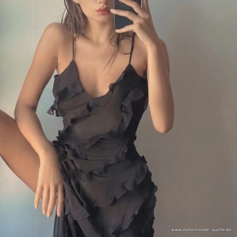 Damen Romantisches Sexy Rüschen Slim Fit Langes Kleid mit V-Ausschnitt Schwarz