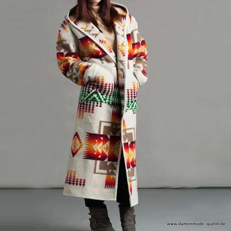 Damen bedruckter Kapuzen Mäntel Winter Vintage Mantel weiß