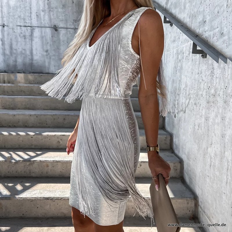 Elegantes Ärmelloses V-Ausschnitt Sommer Mini Party Kleid Damen Silber
