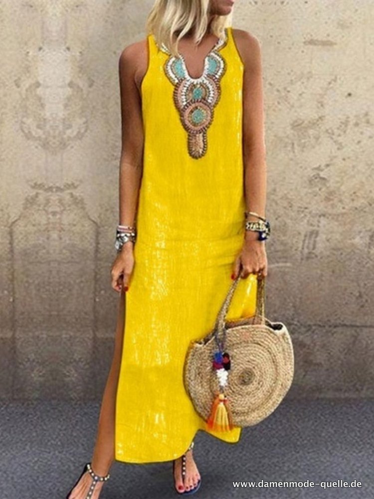 Damen Sommer Mode mit V-Ausschnitt Lange Kleid Vintage Gelb