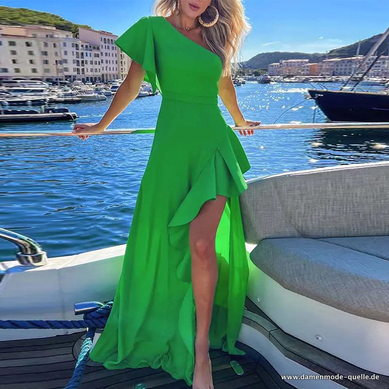 Kurzarm Kleid grün Slim Fit Urlaubs kleid Damen sexy unregelmäßige Rüschen