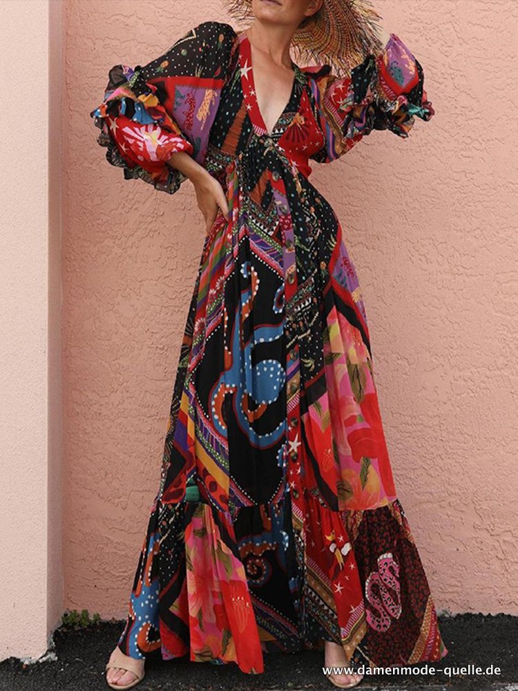 Damen Sommermode Elegantes V-ausschnitt Maxikleid Vintage Langarm Kleid