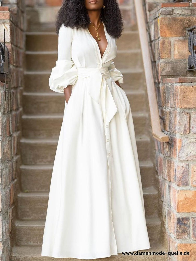Damen Langes Tailliertes Kleid mit V-Ausschnitt Maxikleid in Weiß