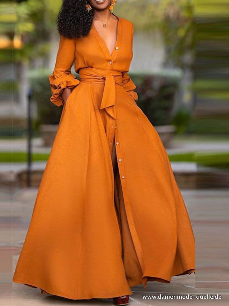 Damen Langes Tailliertes Kleid mit V-Ausschnitt Maxikleid in Orange