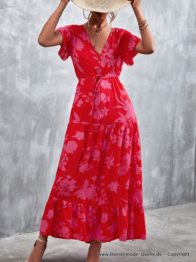 Kurzarm Maxi Sommerkleid mit Blumenmuster Lang in Rot Pink
