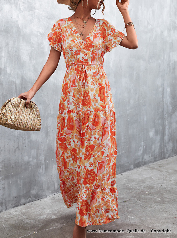 Kurzarm Maxi Sommerkleid mit Blumenmuster Lang in Orange Weiß