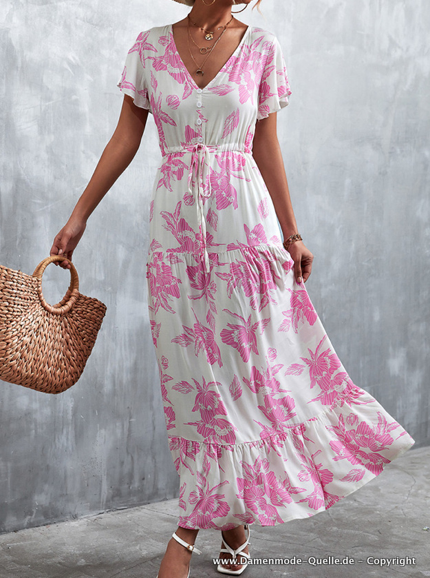 Kurzarm Maxi Sommerkleid mit Blumenmuster Lang in Weiß Rosa