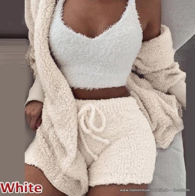 Damen Freizeitanzug Dreiteilig Kurz Hose Sweater und Top Beige Weiß Flauschig