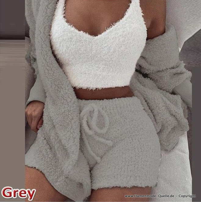 Damen Freizeitanzug Dreiteilig Kurz Hose Sweater und Top Grau Weiß Flauschig