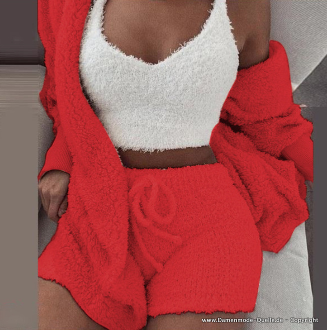 Damen Freizeitanzug Dreiteilig Kurz Hose Sweater und Top Rot Weiß Flauschig