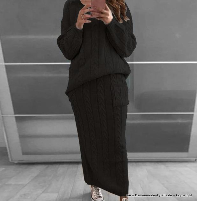 Herbst Winter Damen Outfit Gestrickt Lässig Sweater mit Rock im Set Schwarz