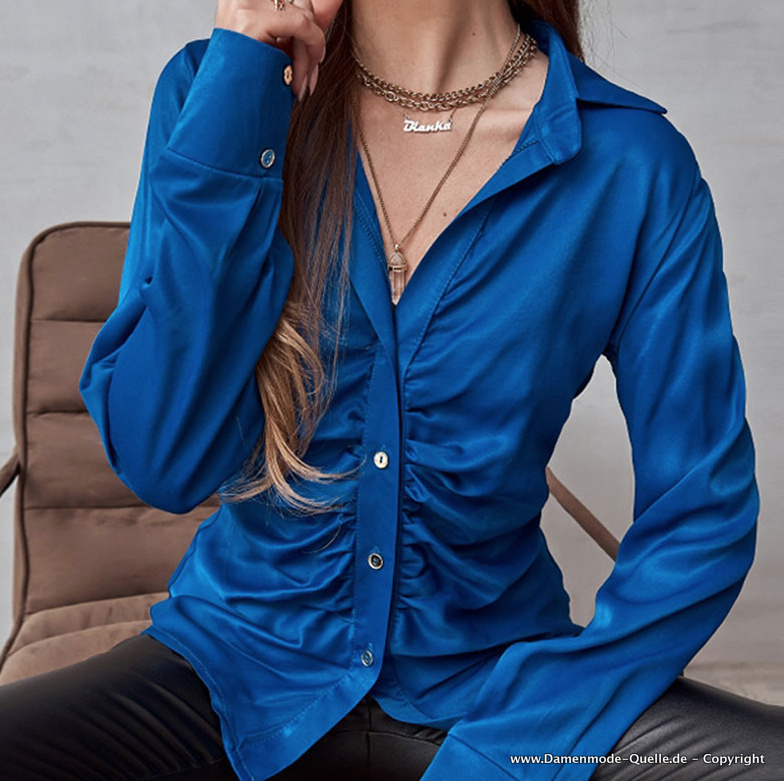 Plissee Satin Damen Bluse Elegant in Navyblau