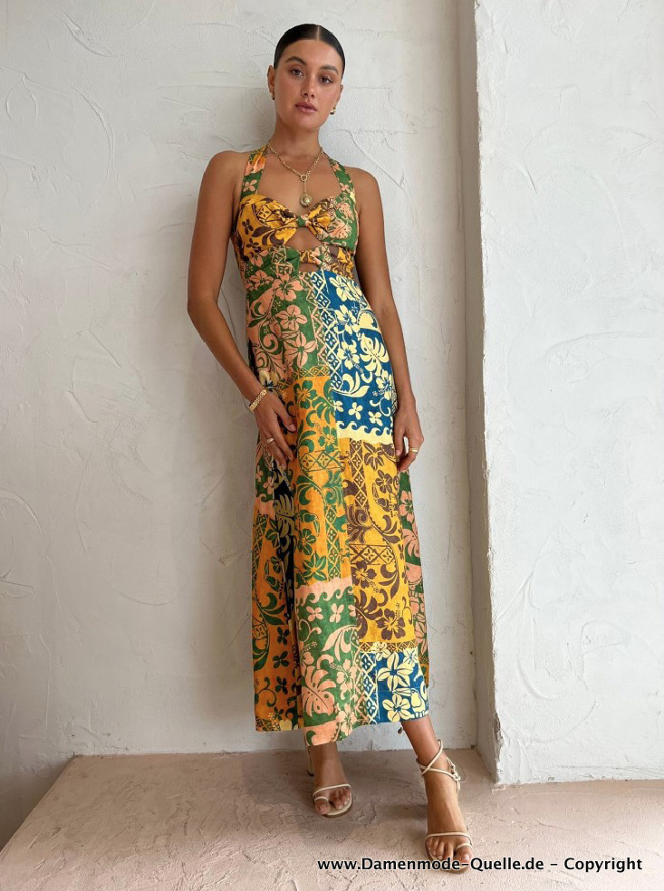 Elegantes Neckholder Sommerkleid mit Vintage Muster