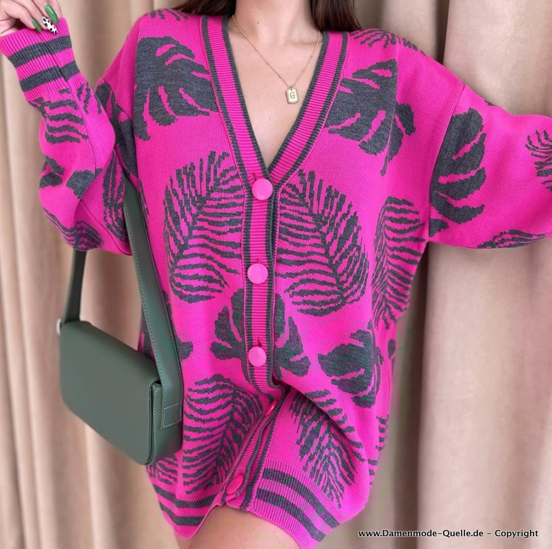 Damen Strickjacke Cardigan in Pink mit Palmenmuster
