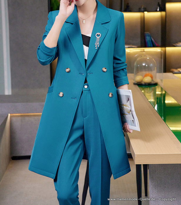 Damen Hosenanzug Elegant mit Langer Blazer in Blau