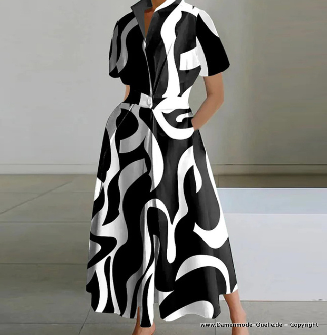Kurzarm A-Linie Sommerkleid mit Kragen Wadenlang Elegant in Schwarz Weiß