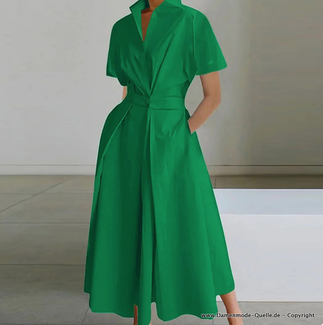 Kurzarm A-Linie Sommerkleid mit Kragen Wadenlang Elegant in Grün