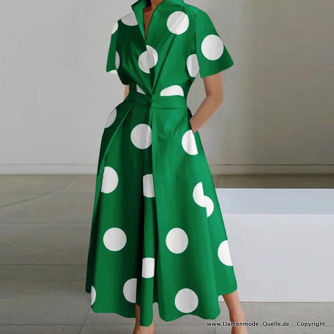 Kurzarm A-Linie Sommerkleid mit Kragen Wadenlang Elegant in Grün Gepunktet