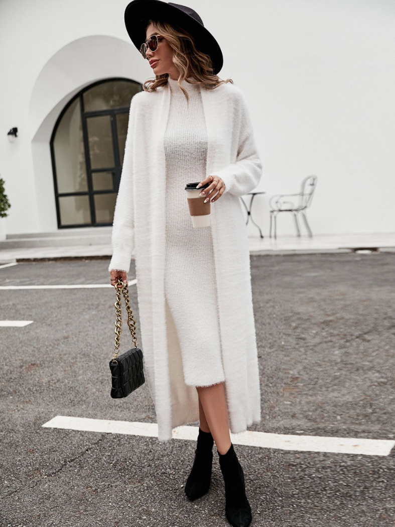  Herbst Winter Outfits Damen Set Bleistift Kleid mit Cardigan Weiß