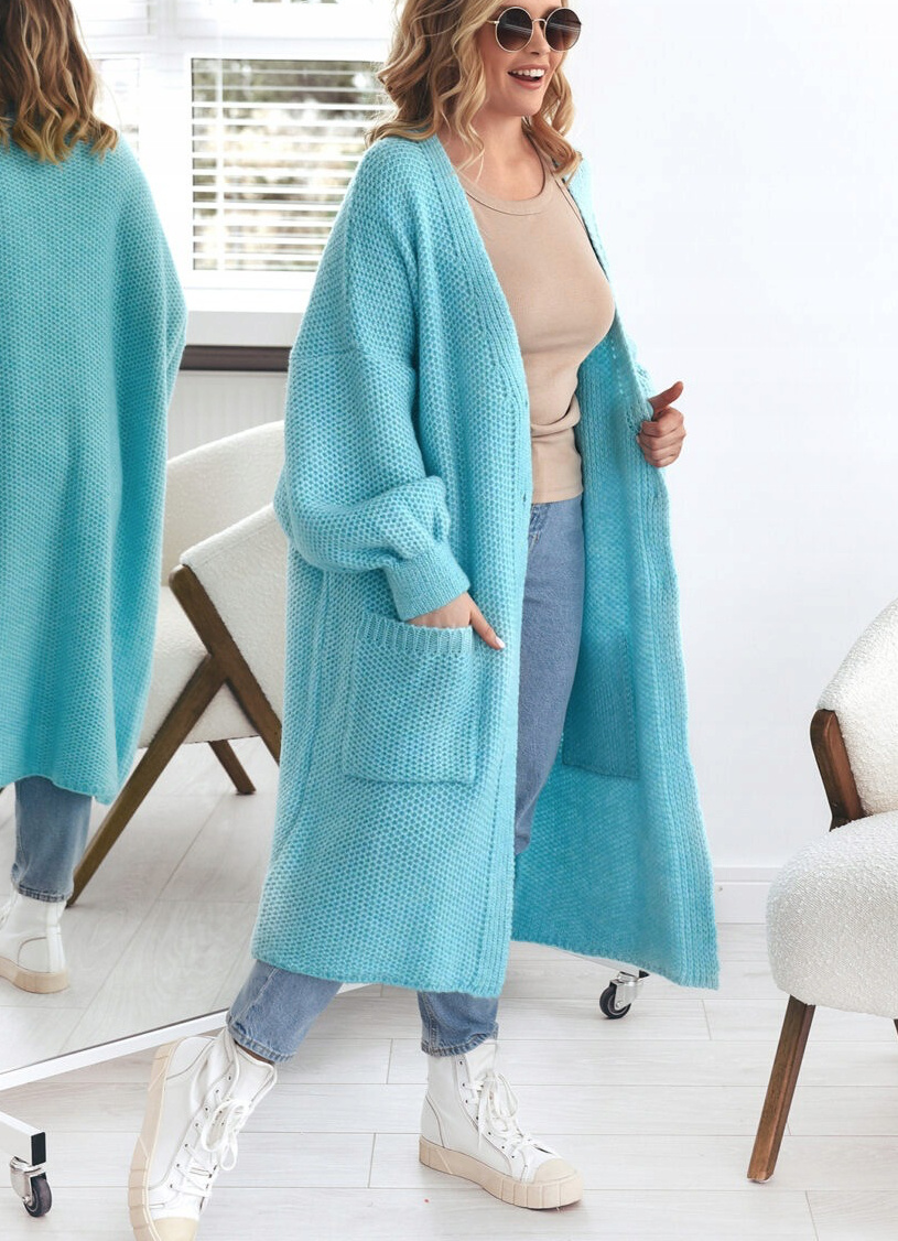 Lange Dünne Strickjacke Cardigan in Hellblau mit Taschen