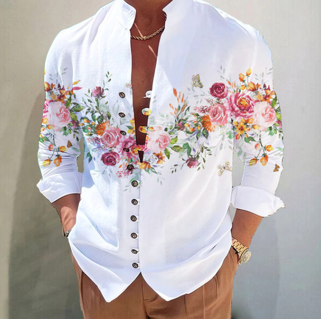 Vintage Style Langarm Herren Hemd Weiß mit Rosen