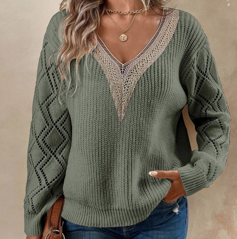 Damen Strick Pullover mit V Ausschnitt in Grün