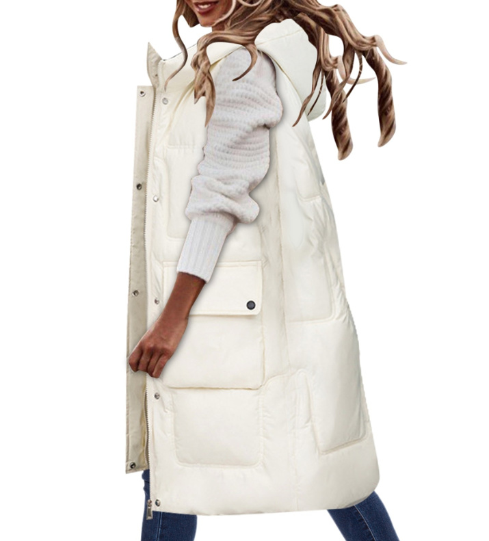 Herbst Winter Warme Damen Weste Lang mit Taschen und Kapuze Weiß