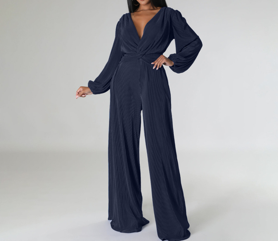 Langarm Jumpsuit Einteiler Elegant mit V Ausschnitt in Dunkelblau