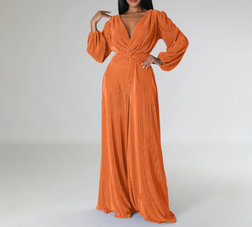 Langarm Jumpsuit Einteiler Elegant mit V Ausschnitt in Orange