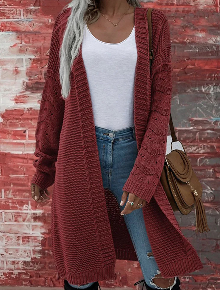 Fashion Strickjacke Cardigan für Damen Knielang in Weinrot