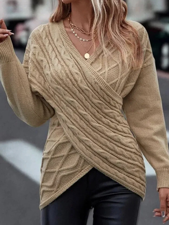 Crisscross Kreuz Strick Pullover mit V Ausschnitt in Beige