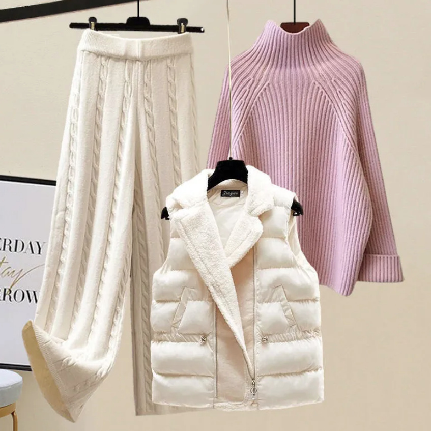  Damen Herbst Winter Outfit Hose Pullover und Weste im Set Weiß Rosa