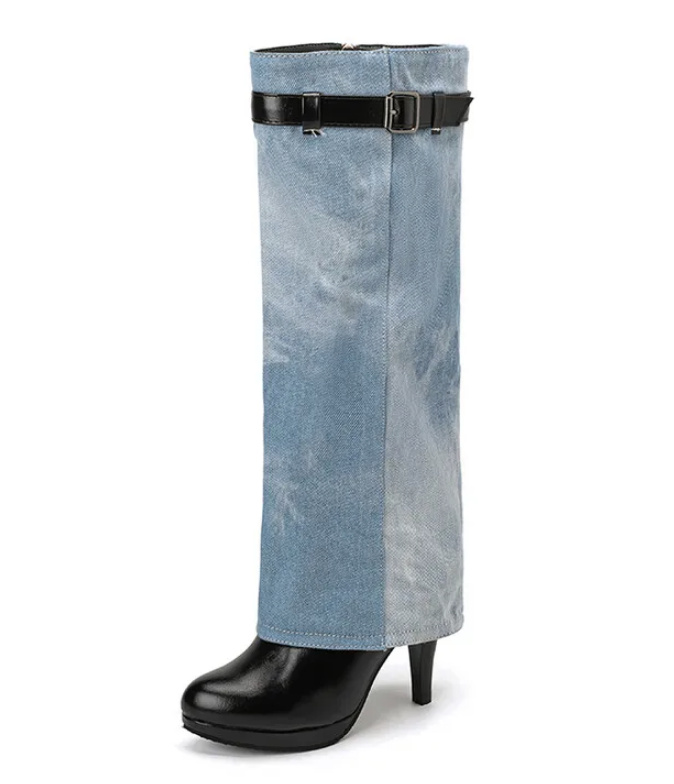 Patchwork High Heel Damen Stiefel in Jeans Optik Blau Schwarz