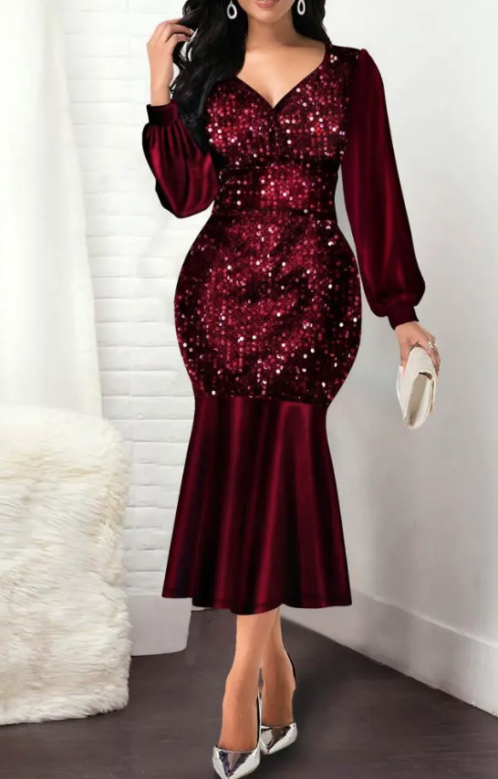 V-ausschnitt Shiny Langarm Patchwork Bodycon Kleid Elegant in Rot mit Pailletten