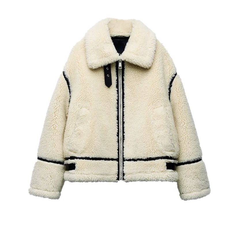 Patchwork Fleece-Wolle Damen Mantel Kurz in Weiß