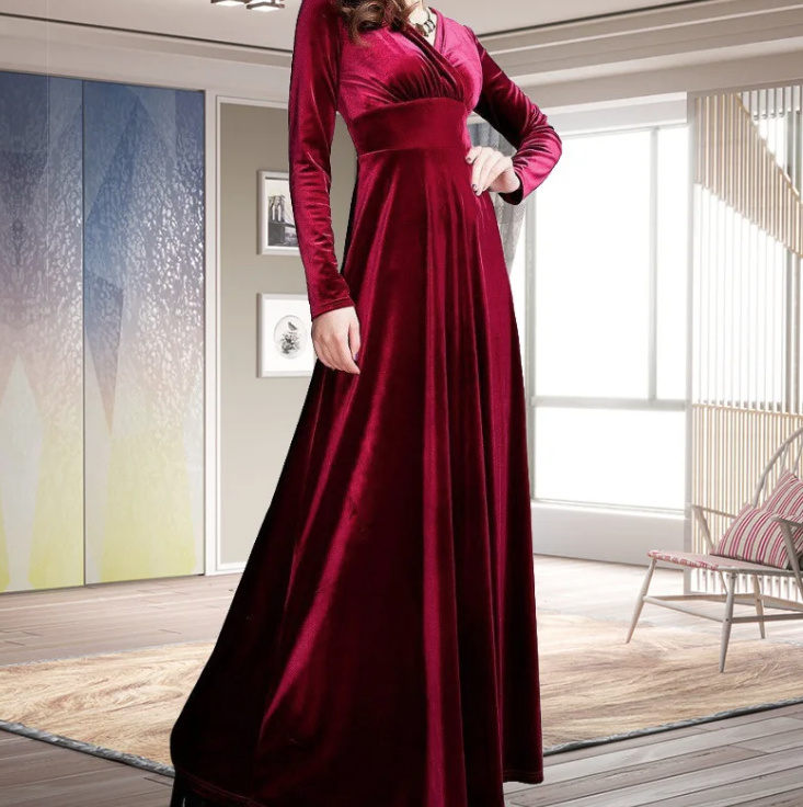 Empire Langarm Samt Abendkleid Elegant in Rot