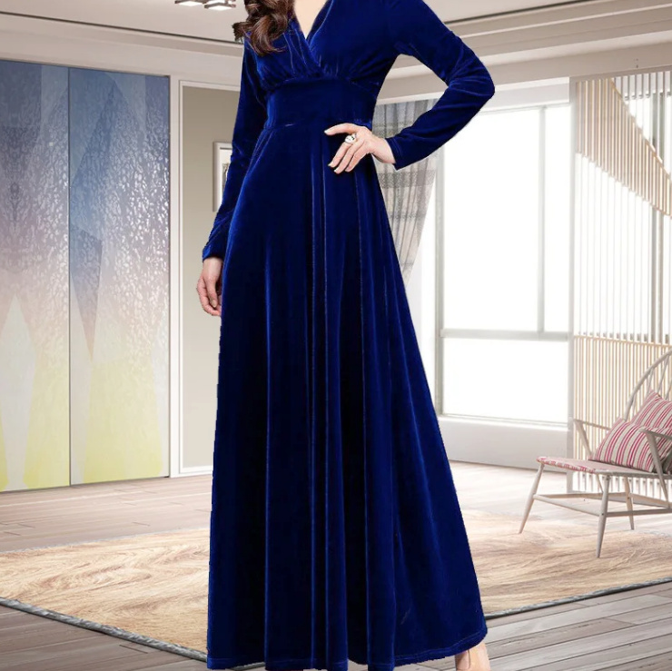 Empire Langarm Samt Abendkleid Elegant in Dunkelblau