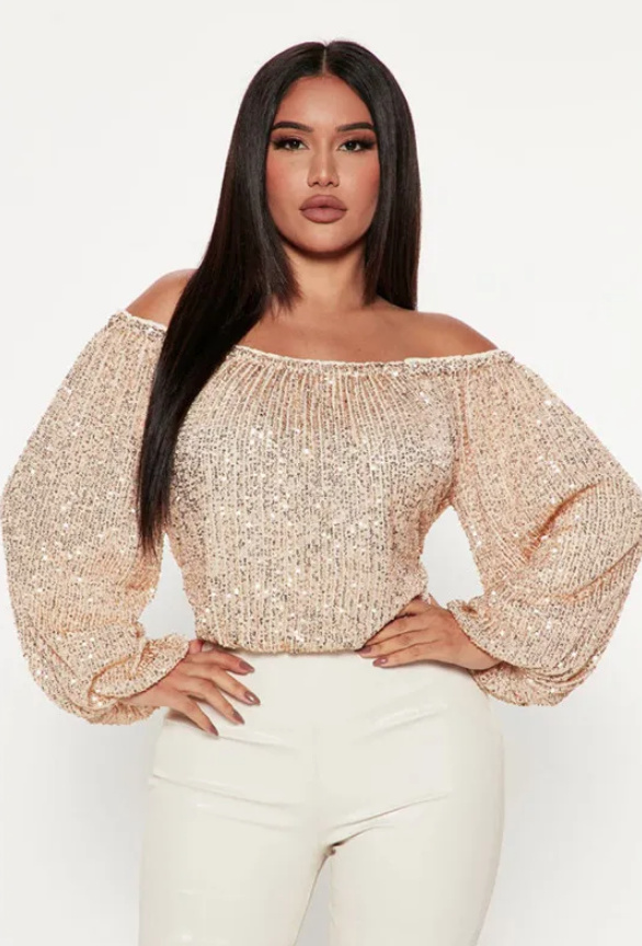 Schulterfreie langarm Bluse Festlich in Gold mit Glitzer Pailletten