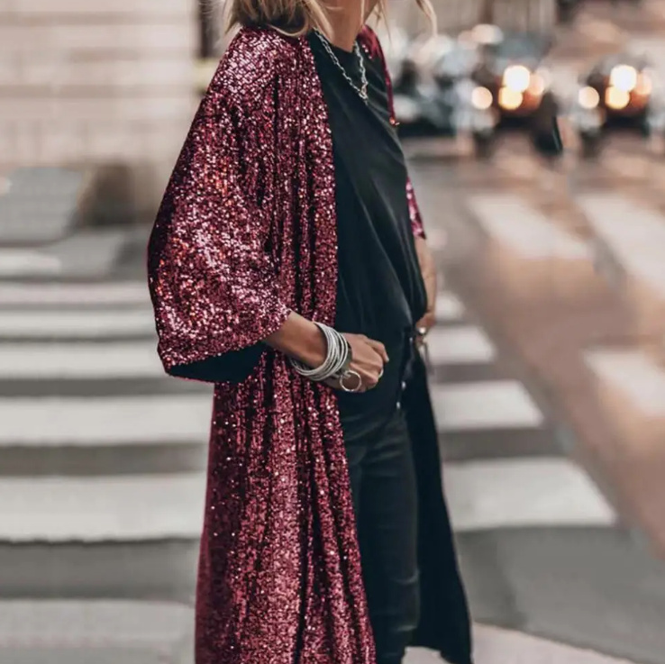 Damen Cardigan Lang mit Glitzer Pailletten in Rot