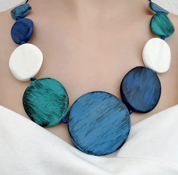 Vintage Oversize Perlen Halskette für Damen Blau Grün Weiß