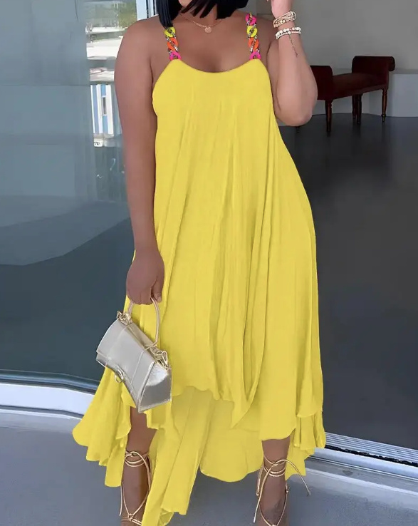  A-linie Hängerchen Maxi Sommerkleid mit Kette Lang in Gelb
