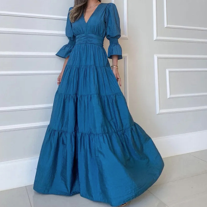  A-linie Maxi Sommerkleid mit V Ausschnitt Lang in Blau